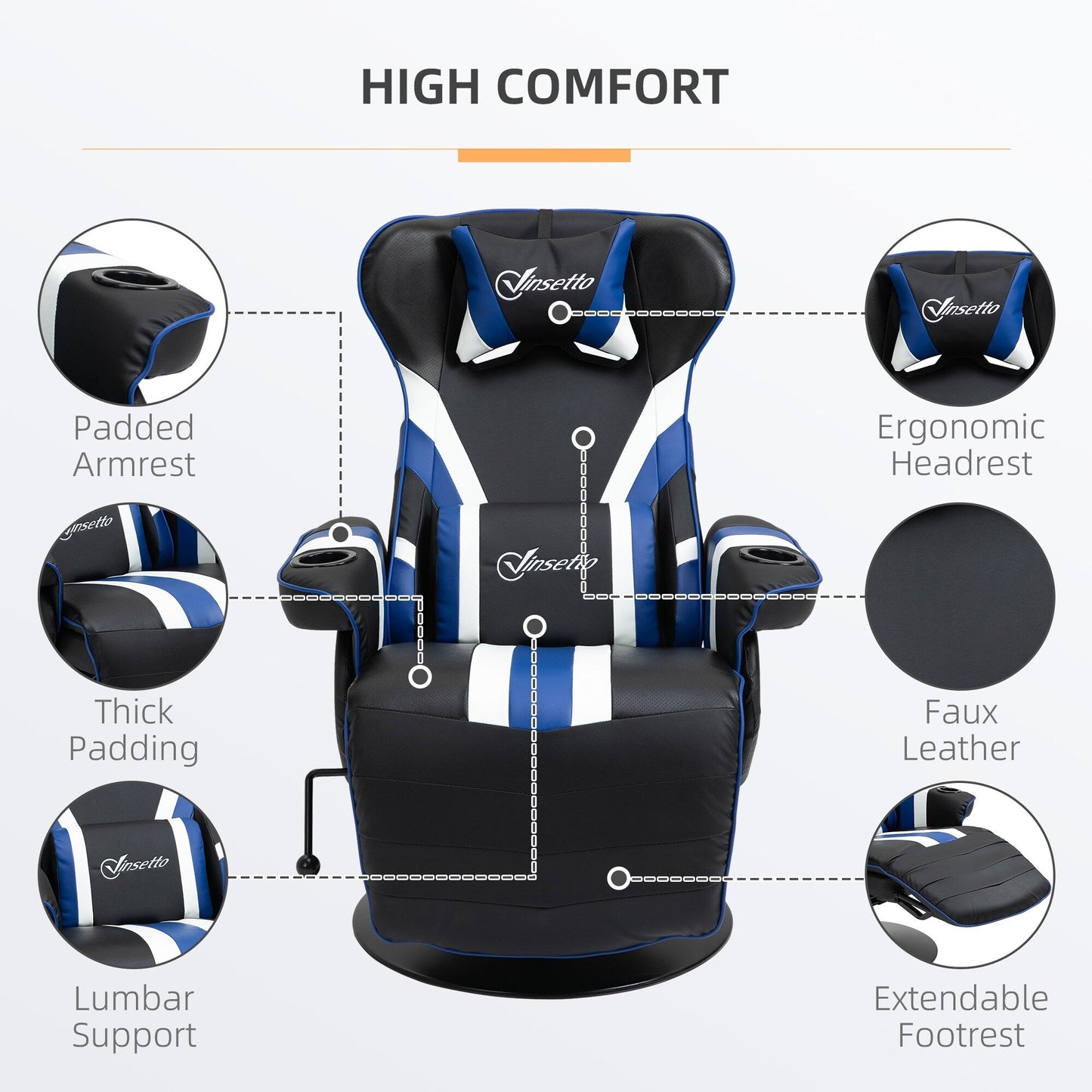 Sedia da gioco reclinabile per computer in stile racing con rotazione a 360°, sedia da ufficio ergonomica con supporto lombare, poggiapiedi e portabicchieri