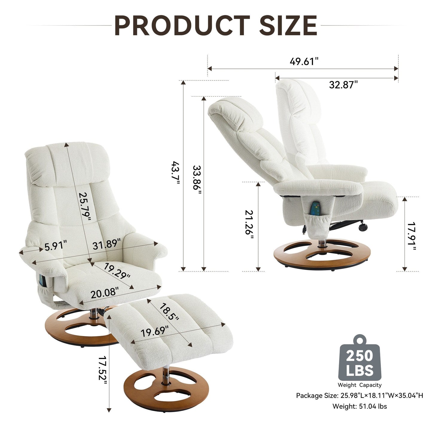 Poltrona reclinabile ergonomica girevole a 360° con poggiapiedi, schienale regolabile, massaggio a 5 vibrazioni, riscaldamento del sedile, tessuto in ciniglia