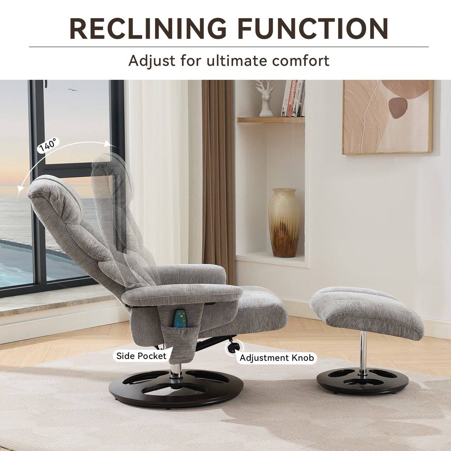 Poltrona reclinabile ergonomica girevole a 360° con poggiapiedi, schienale regolabile, massaggio a 5 vibrazioni, riscaldamento del sedile, tessuto in ciniglia
