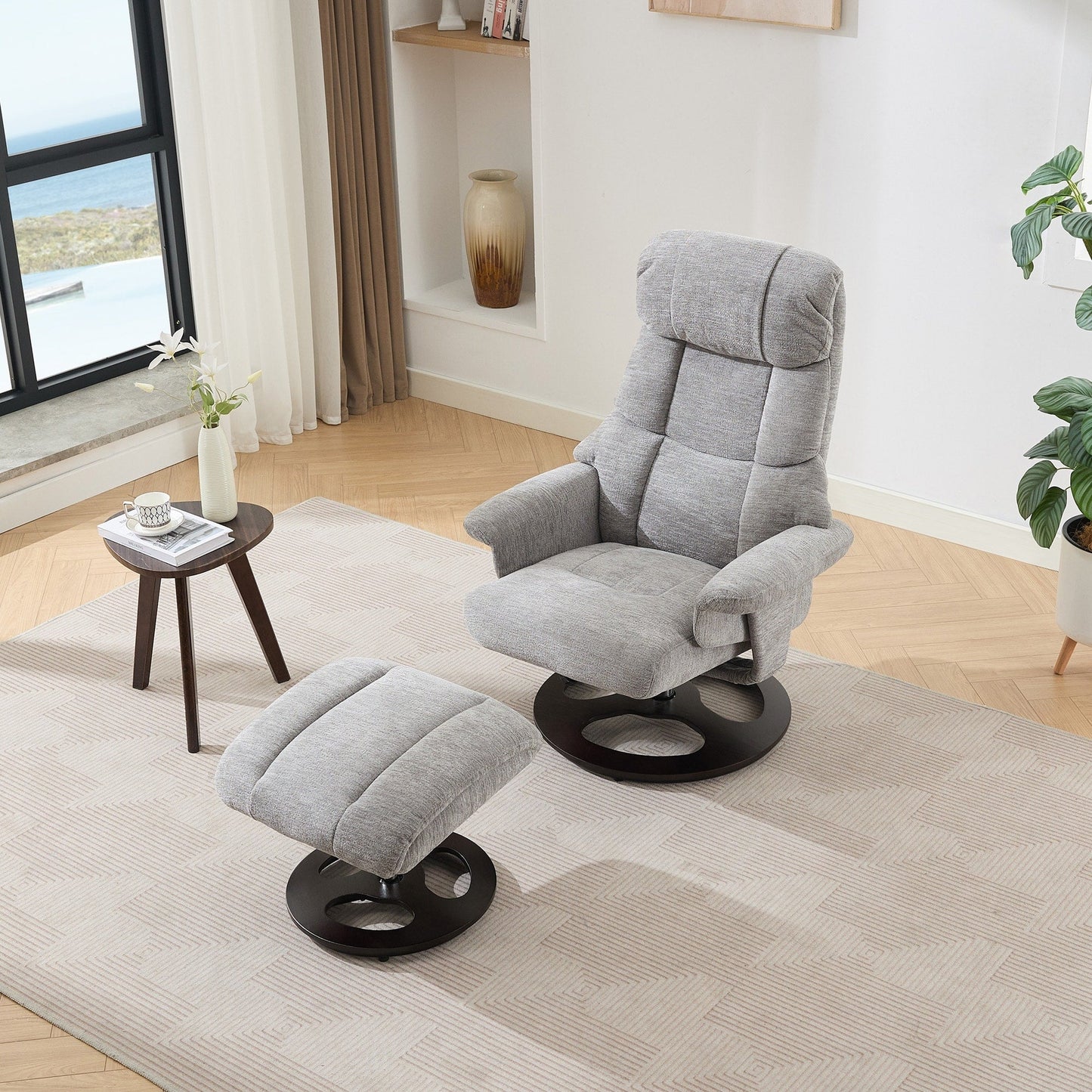 Poltrona reclinabile ergonomica girevole a 360° con poggiapiedi, schienale regolabile, massaggio a 5 vibrazioni, riscaldamento del sedile, tessuto in ciniglia