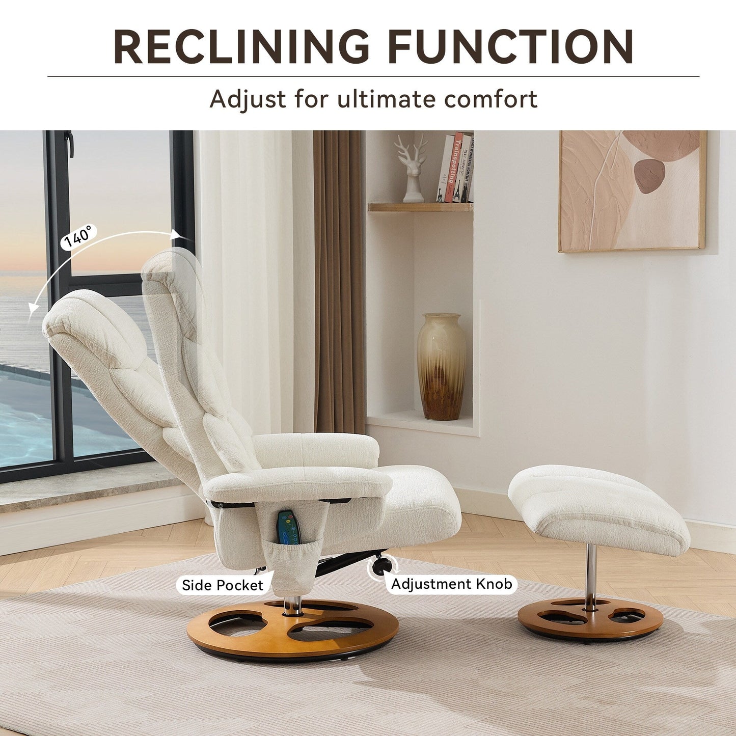Poltrona reclinabile ergonomica girevole a 360° con poggiapiedi, schienale regolabile, massaggio a 5 vibrazioni, riscaldamento del sedile, tessuto in ciniglia