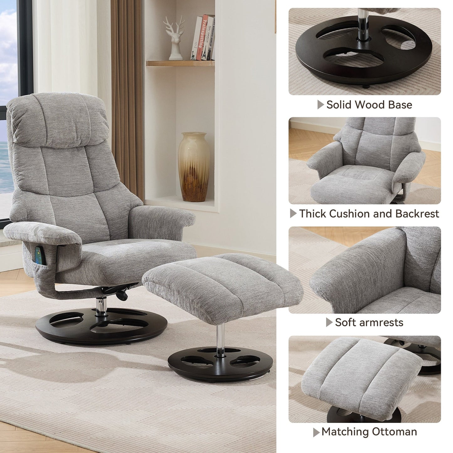 Poltrona reclinabile ergonomica girevole a 360° con poggiapiedi, schienale regolabile, massaggio a 5 vibrazioni, riscaldamento del sedile, tessuto in ciniglia