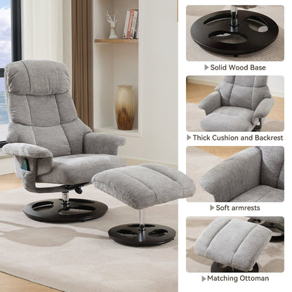 Poltrona reclinabile ergonomica girevole a 360° con poggiapiedi, schienale regolabile, massaggio a 5 vibrazioni, riscaldamento del sedile, tessuto in ciniglia