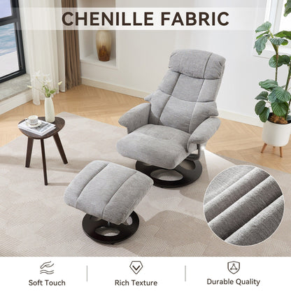 Poltrona reclinabile ergonomica girevole a 360° con poggiapiedi, schienale regolabile, massaggio a 5 vibrazioni, riscaldamento del sedile, tessuto in ciniglia