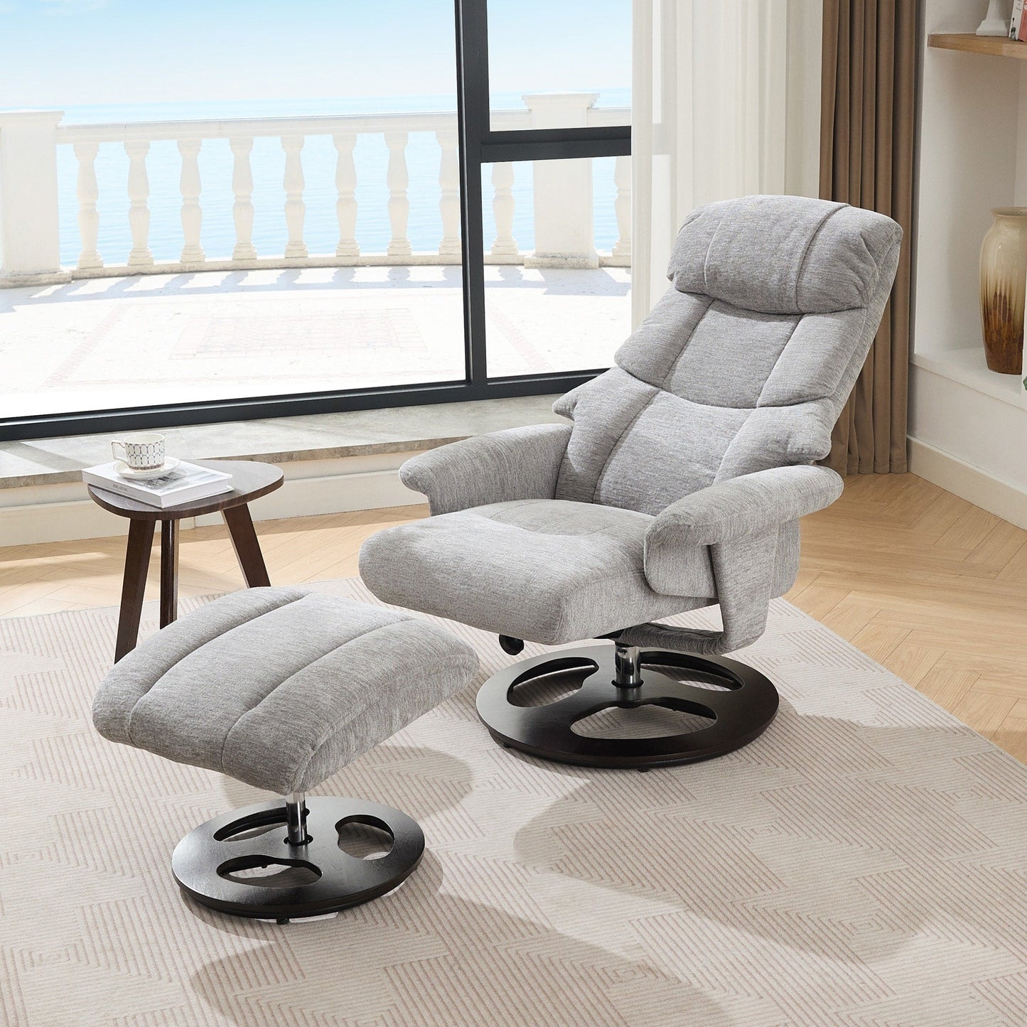 Poltrona reclinabile ergonomica girevole a 360° con poggiapiedi, schienale regolabile, massaggio a 5 vibrazioni, riscaldamento del sedile, tessuto in ciniglia