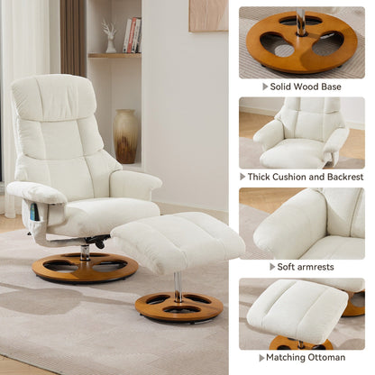 Poltrona reclinabile ergonomica girevole a 360° con poggiapiedi, schienale regolabile, massaggio a 5 vibrazioni, riscaldamento del sedile, tessuto in ciniglia