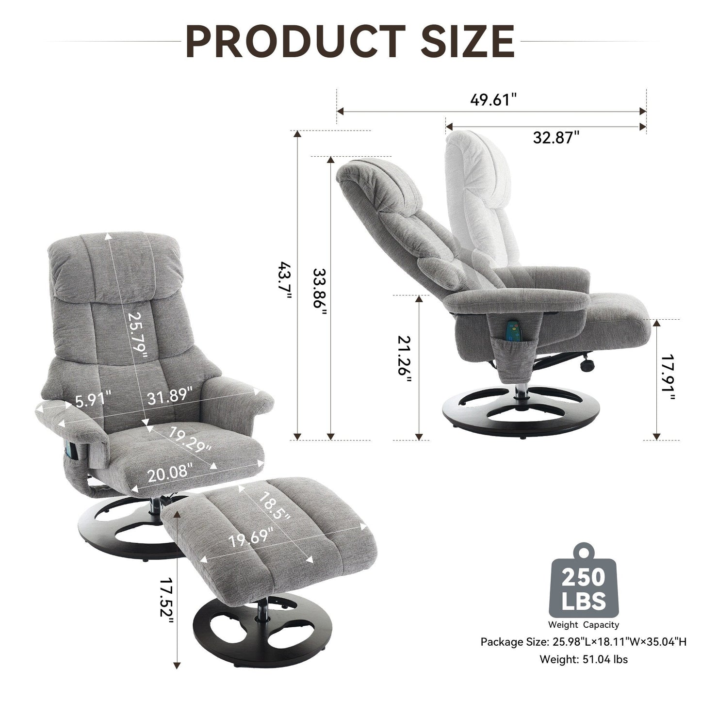 Poltrona reclinabile ergonomica girevole a 360° con poggiapiedi, schienale regolabile, massaggio a 5 vibrazioni, riscaldamento del sedile, tessuto in ciniglia