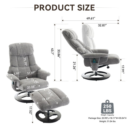 Poltrona reclinabile ergonomica girevole a 360° con poggiapiedi, schienale regolabile, massaggio a 5 vibrazioni, riscaldamento del sedile, tessuto in ciniglia