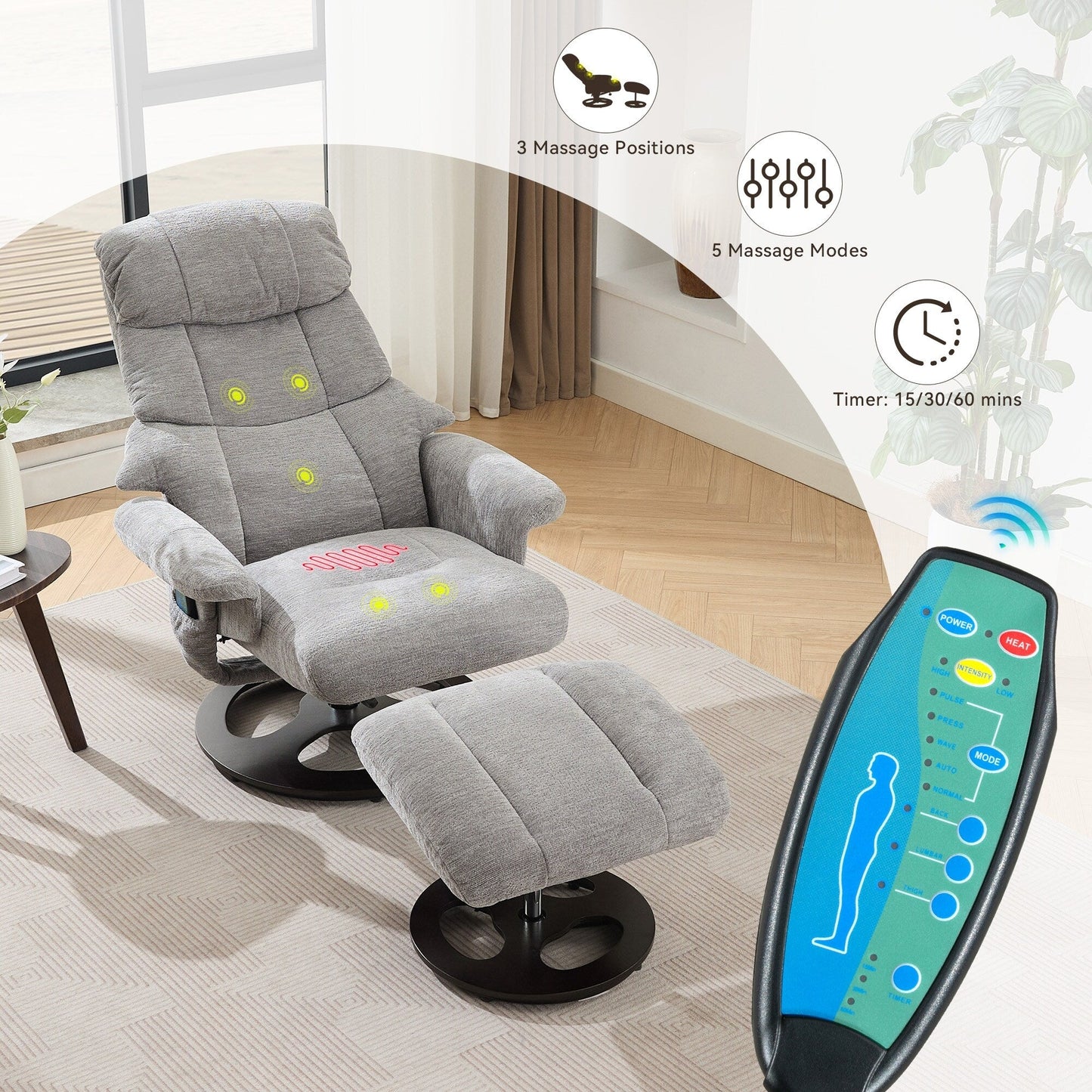 Poltrona reclinabile ergonomica girevole a 360° con poggiapiedi, schienale regolabile, massaggio a 5 vibrazioni, riscaldamento del sedile, tessuto in ciniglia