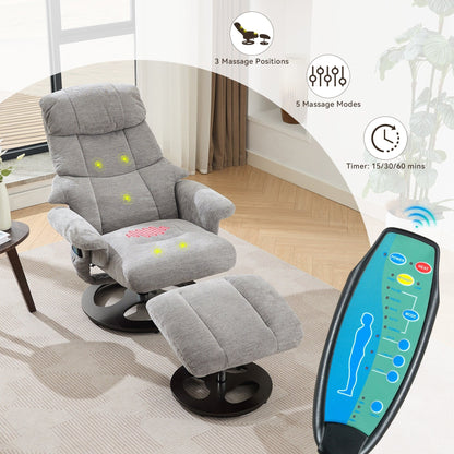 Poltrona reclinabile ergonomica girevole a 360° con poggiapiedi, schienale regolabile, massaggio a 5 vibrazioni, riscaldamento del sedile, tessuto in ciniglia