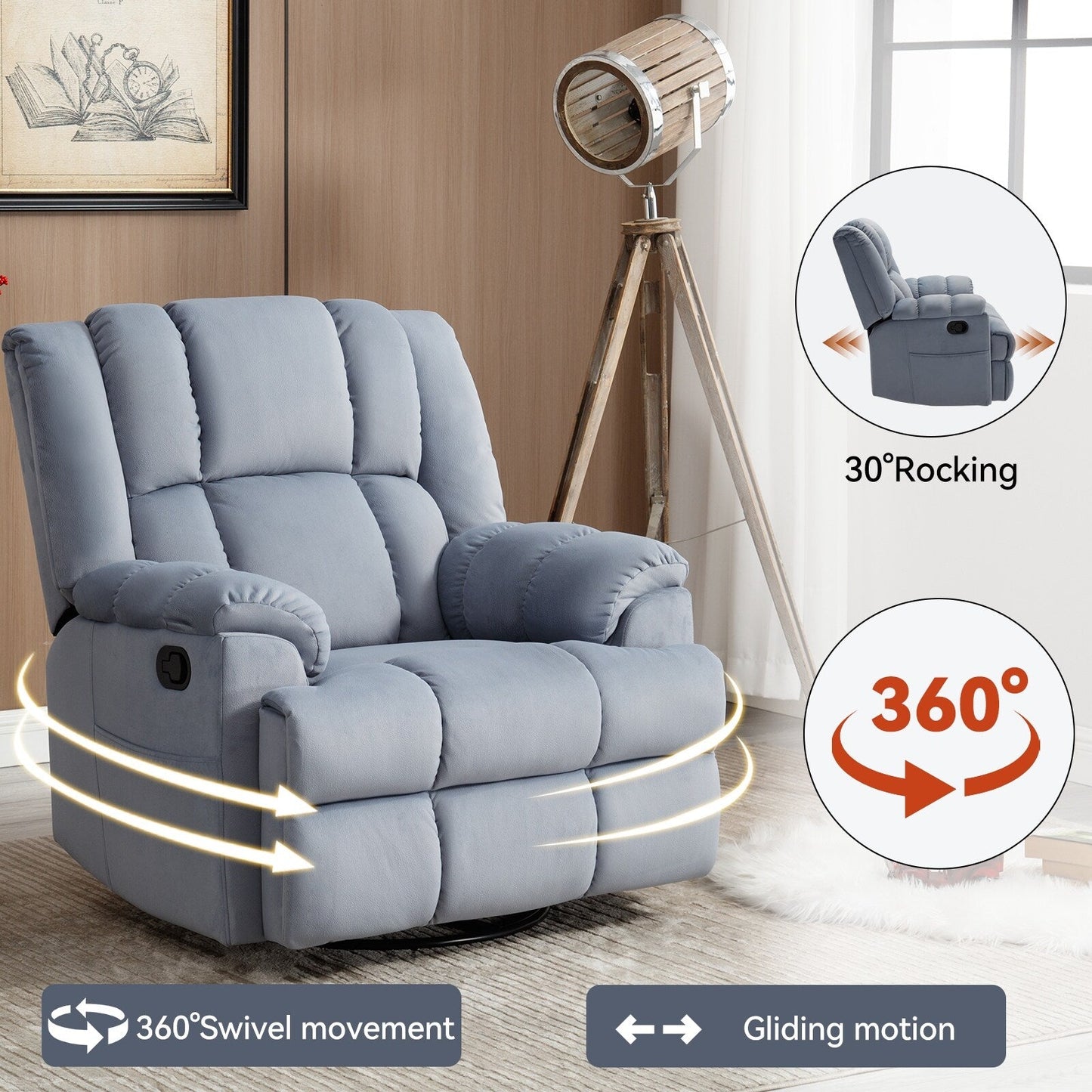 Poltrona reclinabile manuale girevole a 360°, poltrona reclinabile in tessuto a 155° wRocker