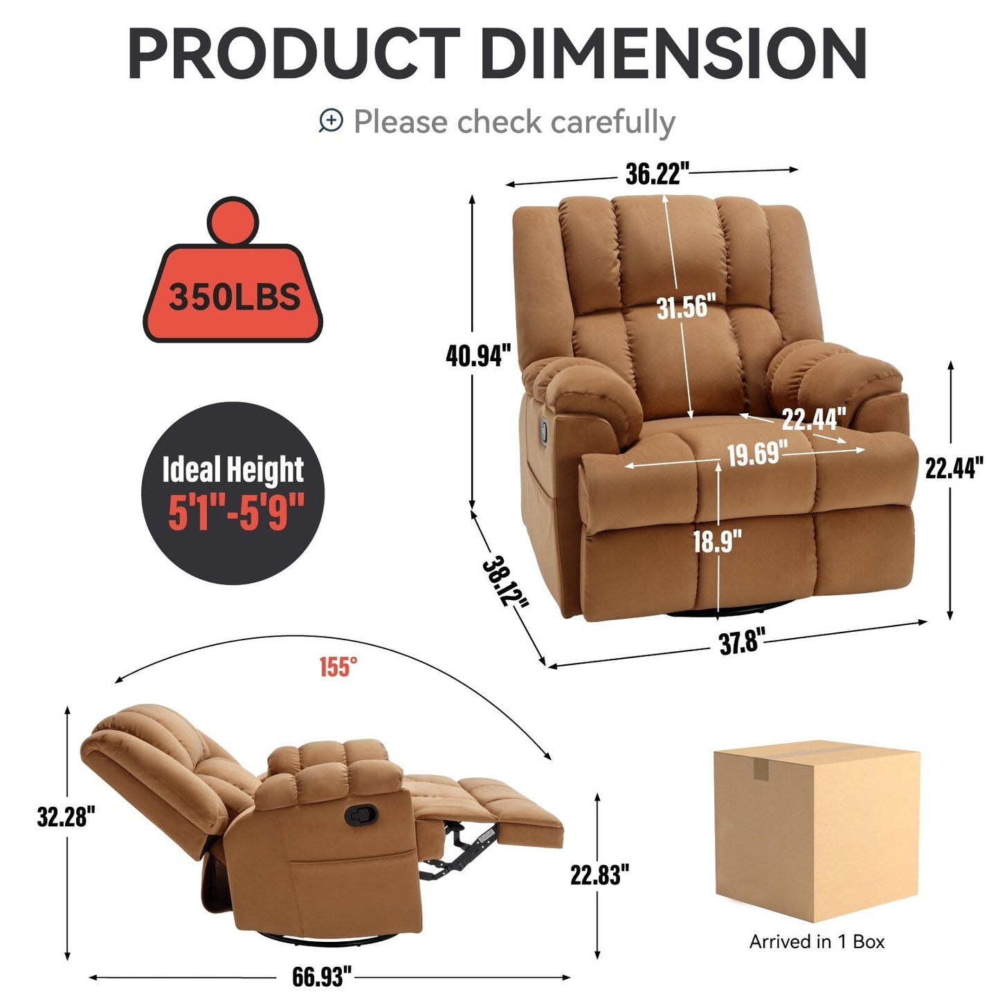 Poltrona reclinabile manuale girevole a 360°, poltrona reclinabile in tessuto a 155° wRocker