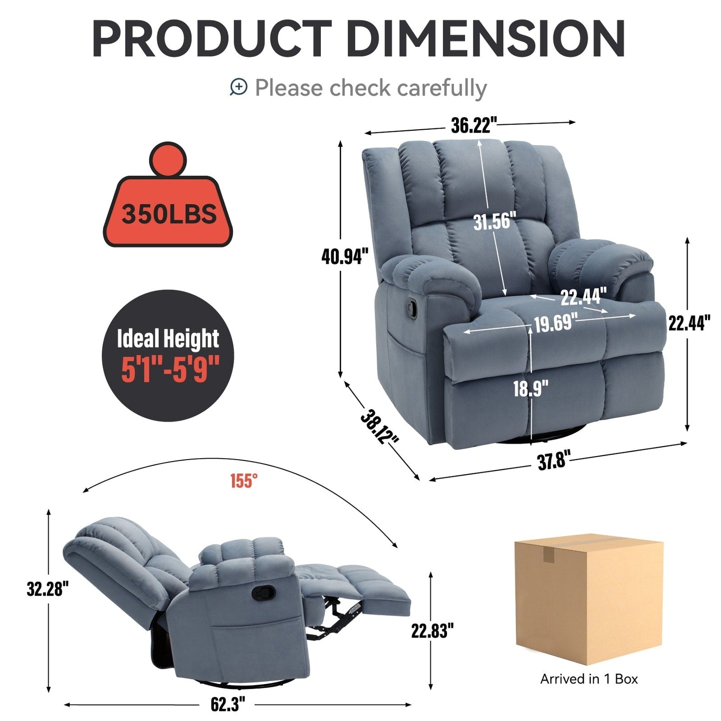 Poltrona reclinabile manuale girevole a 360°, poltrona reclinabile in tessuto a 155° wRocker