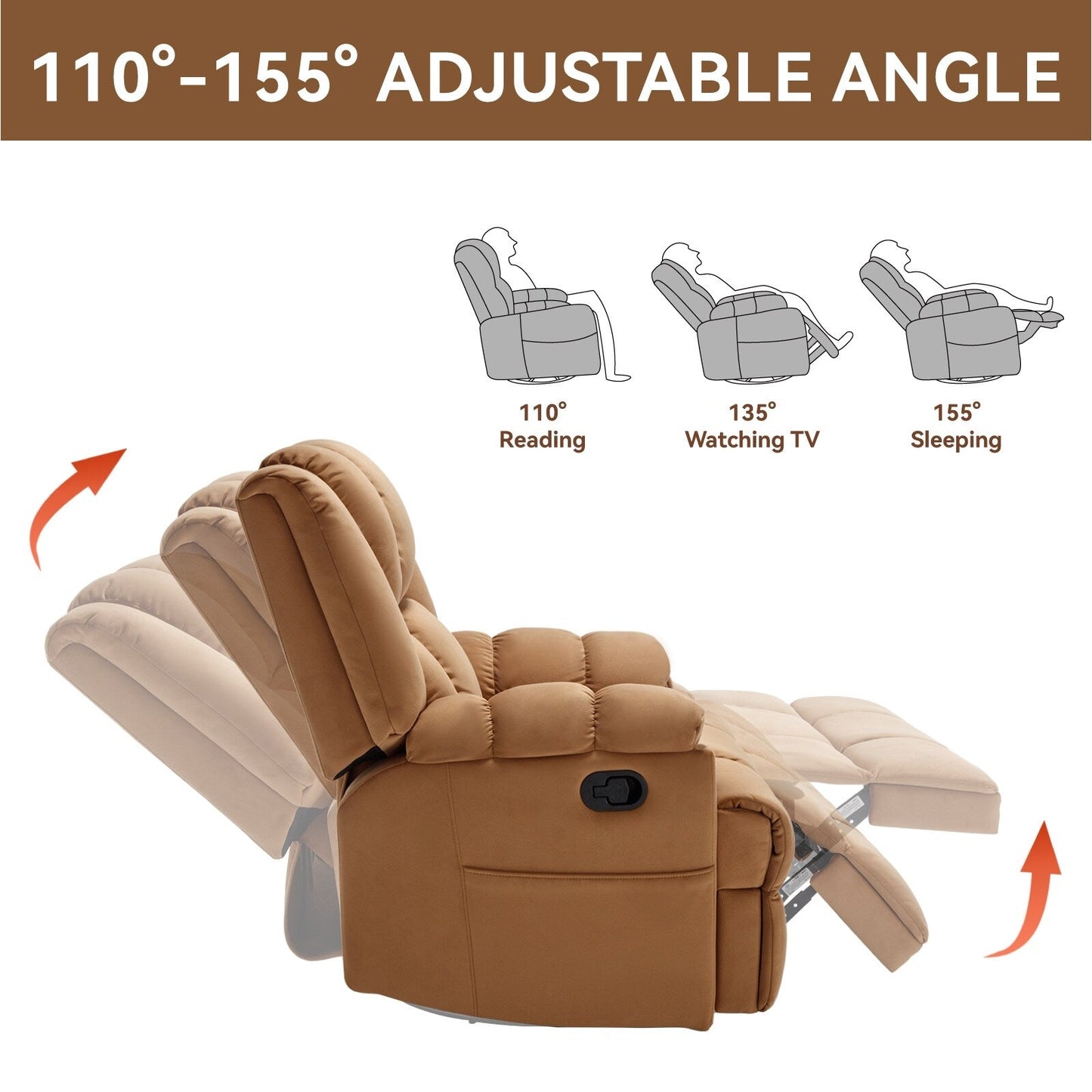 Poltrona reclinabile manuale girevole a 360°, poltrona reclinabile in tessuto a 155° wRocker
