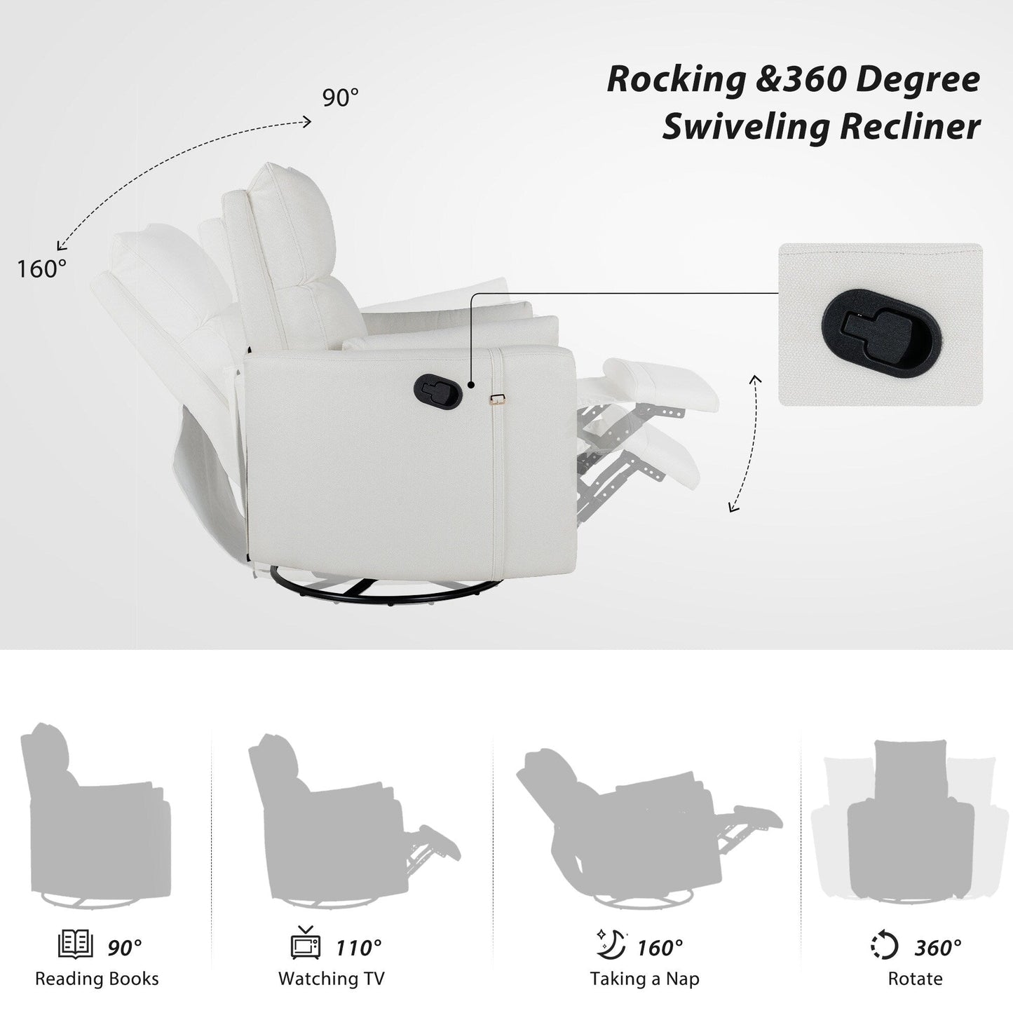 Poltrona reclinabile manuale girevole a 360° con schienale basculante regolabile e braccioli ergonomici