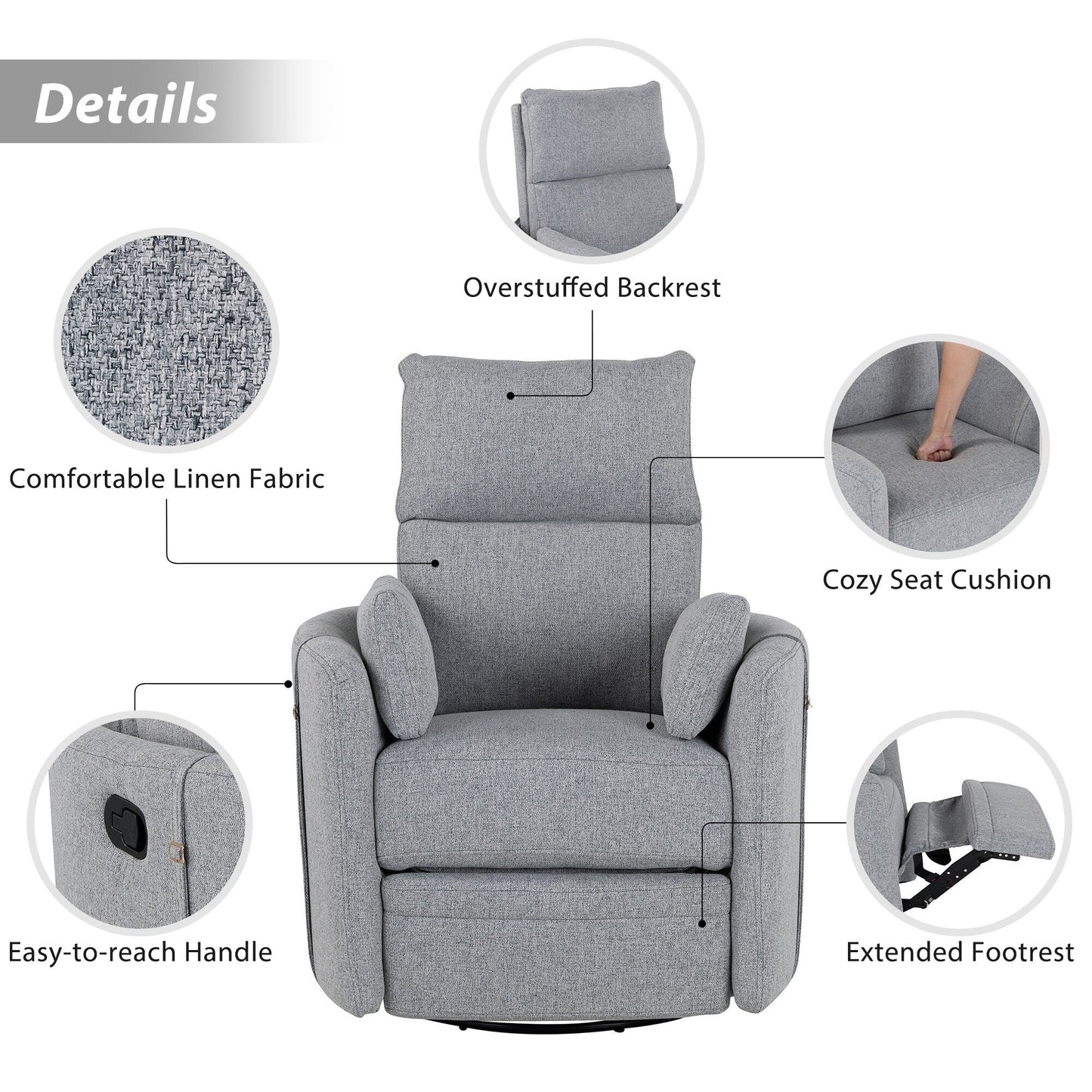 Poltrona reclinabile manuale girevole a 360° con schienale basculante regolabile e braccioli ergonomici
