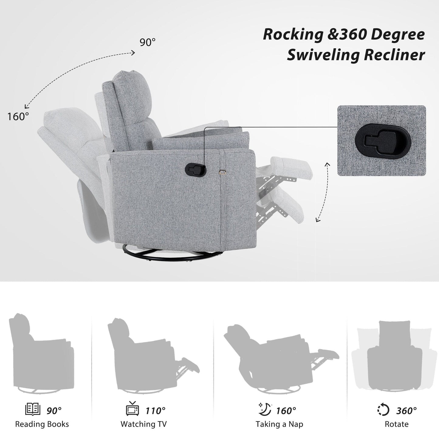 Poltrona reclinabile manuale girevole a 360° con schienale basculante regolabile e braccioli ergonomici