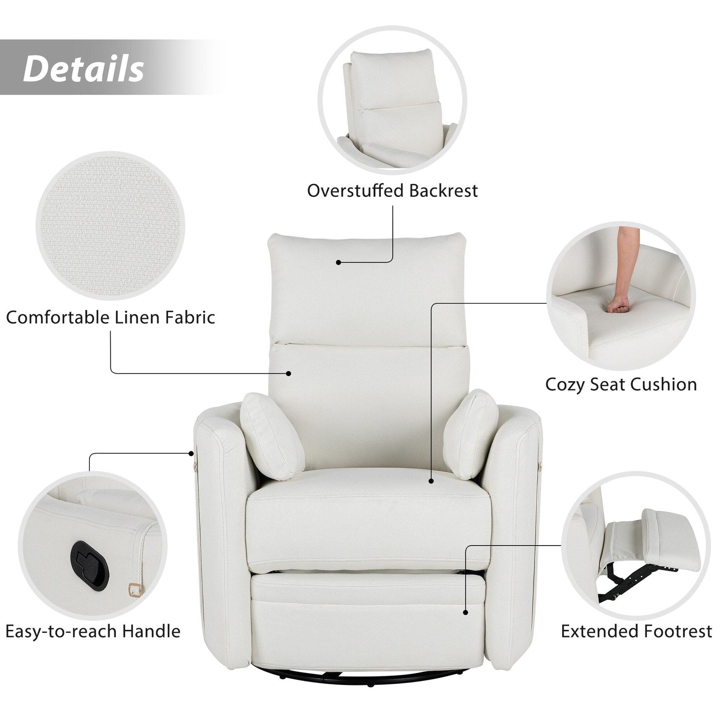 Poltrona reclinabile manuale girevole a 360° con schienale basculante regolabile e braccioli ergonomici