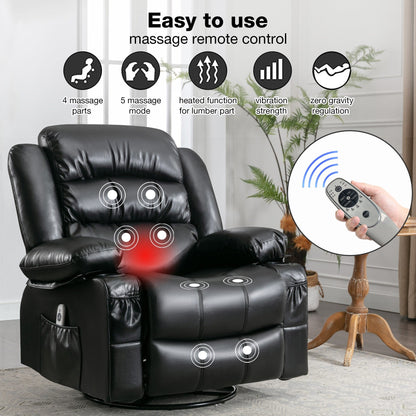 Poltrona reclinabile massaggiante girevole a 360° con calore, pelle PU, massaggio a 8 punti, ricarica USB e tasche portaoggetti