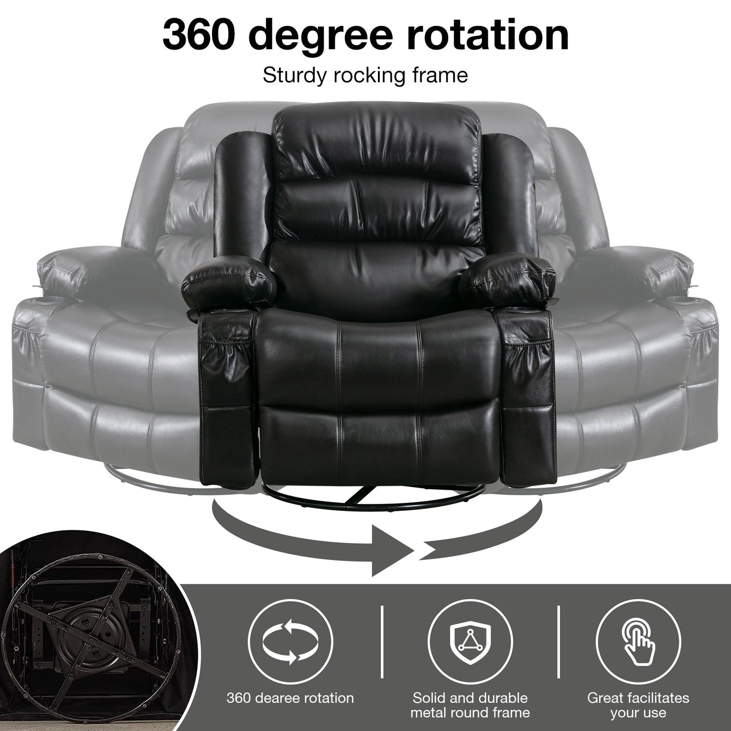 Poltrona reclinabile massaggiante girevole a 360° con calore, pelle PU, massaggio a 8 punti, ricarica USB e tasche portaoggetti