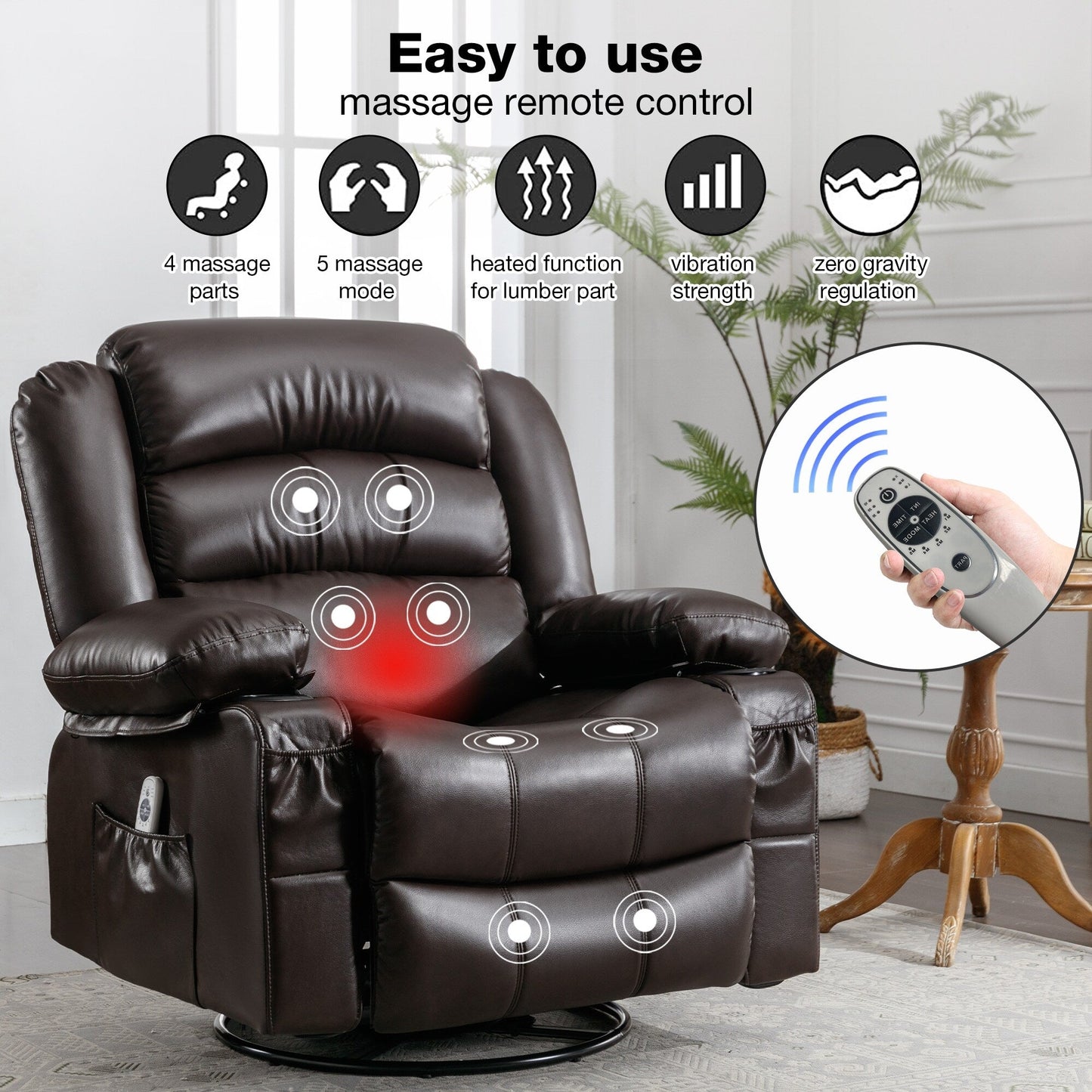 Poltrona reclinabile massaggiante girevole a 360° con calore, pelle PU, massaggio a 8 punti, ricarica USB e tasche portaoggetti