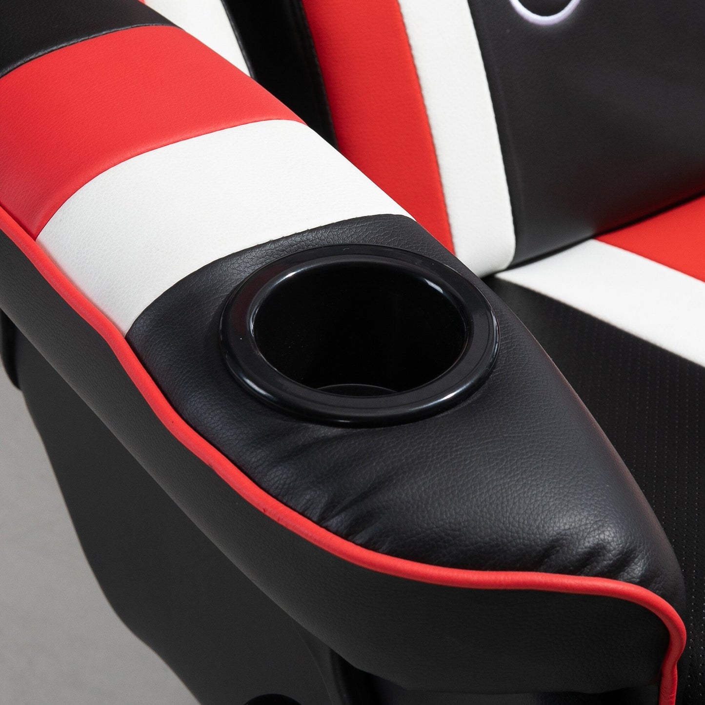 Poltrona reclinabile da gioco girevole a 360° in stile racing con supporto lombare, poggiapiedi e doppio portabicchieri per sala giochi