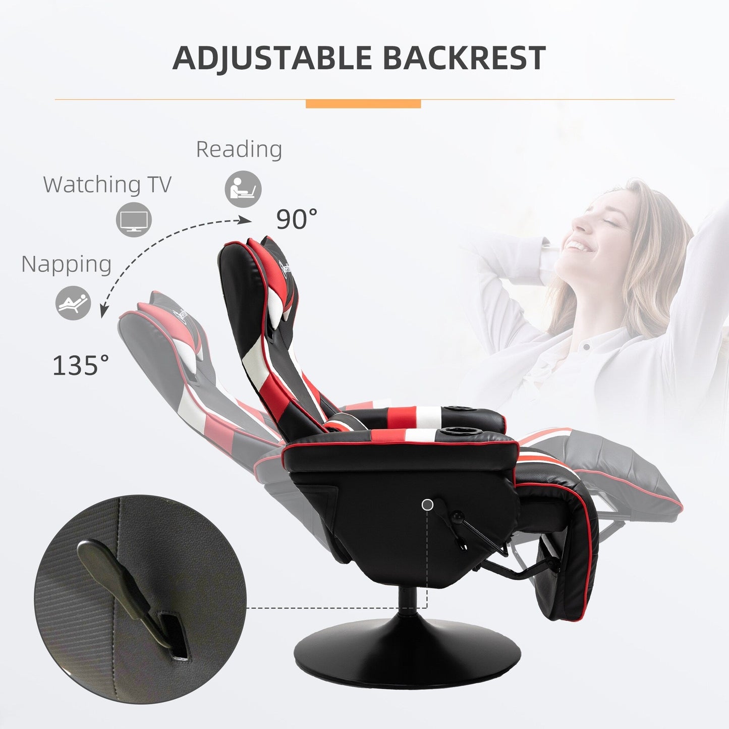 Poltrona reclinabile da gioco girevole a 360° in stile racing con supporto lombare, poggiapiedi e doppio portabicchieri per sala giochi