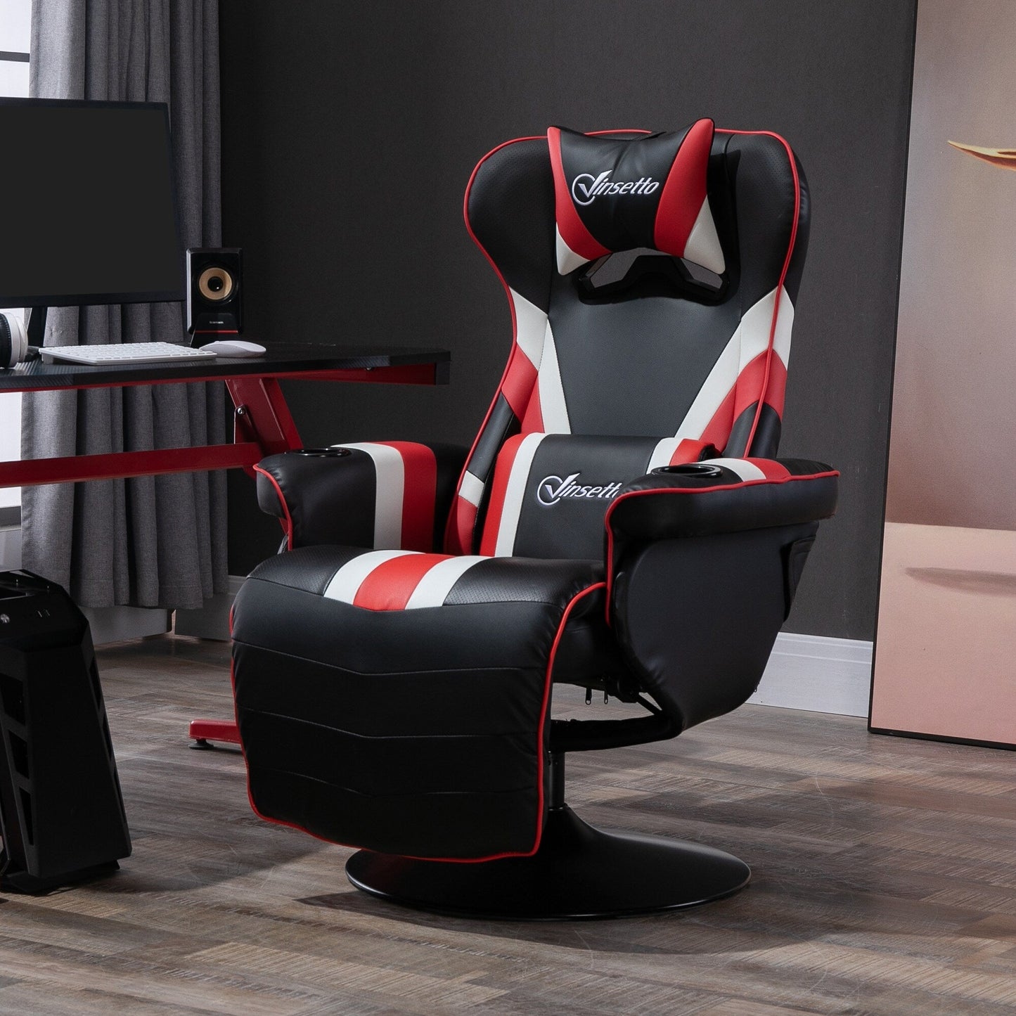 Poltrona reclinabile da gioco girevole a 360° in stile racing con supporto lombare, poggiapiedi e doppio portabicchieri per sala giochi