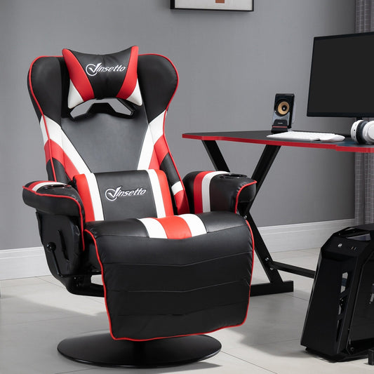 Poltrona reclinabile da gioco girevole a 360° in stile racing con supporto lombare, poggiapiedi e doppio portabicchieri per sala giochi