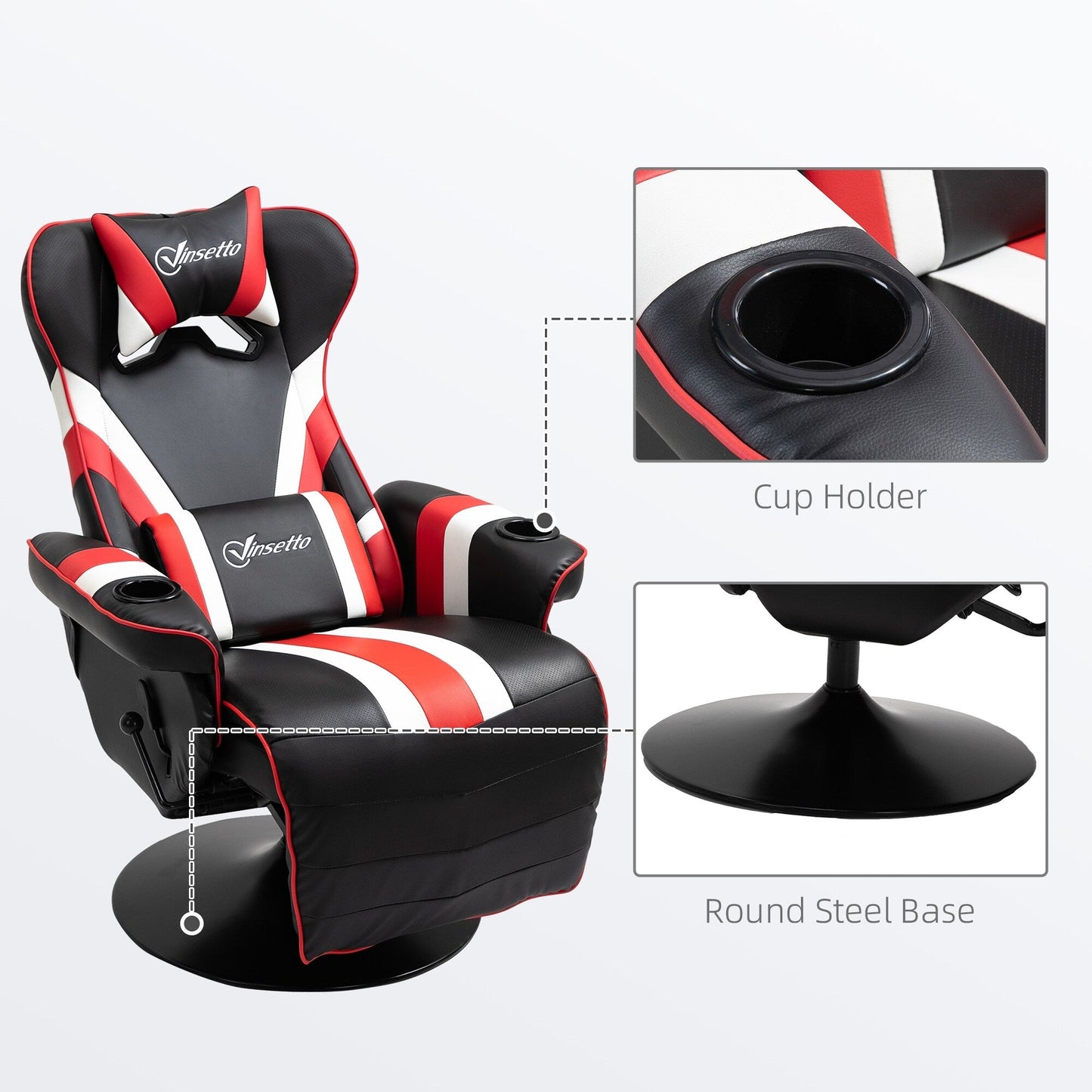 Poltrona reclinabile da gioco girevole a 360° in stile racing con supporto lombare, poggiapiedi e doppio portabicchieri per sala giochi