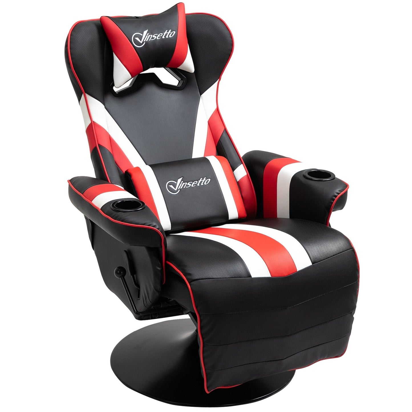 Poltrona reclinabile da gioco girevole a 360° in stile racing con supporto lombare, poggiapiedi e doppio portabicchieri per sala giochi
