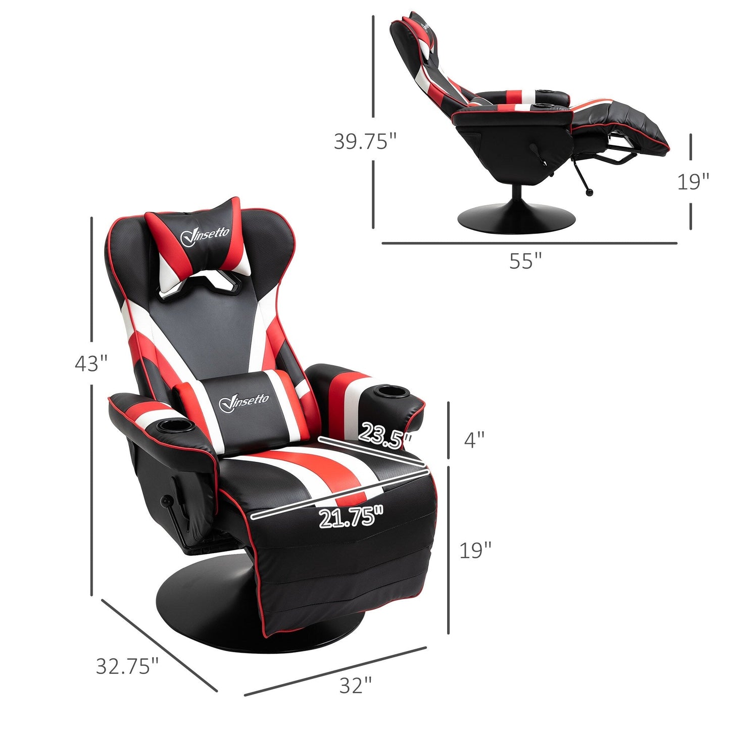 Poltrona reclinabile da gioco girevole a 360° in stile racing con supporto lombare, poggiapiedi e doppio portabicchieri per sala giochi