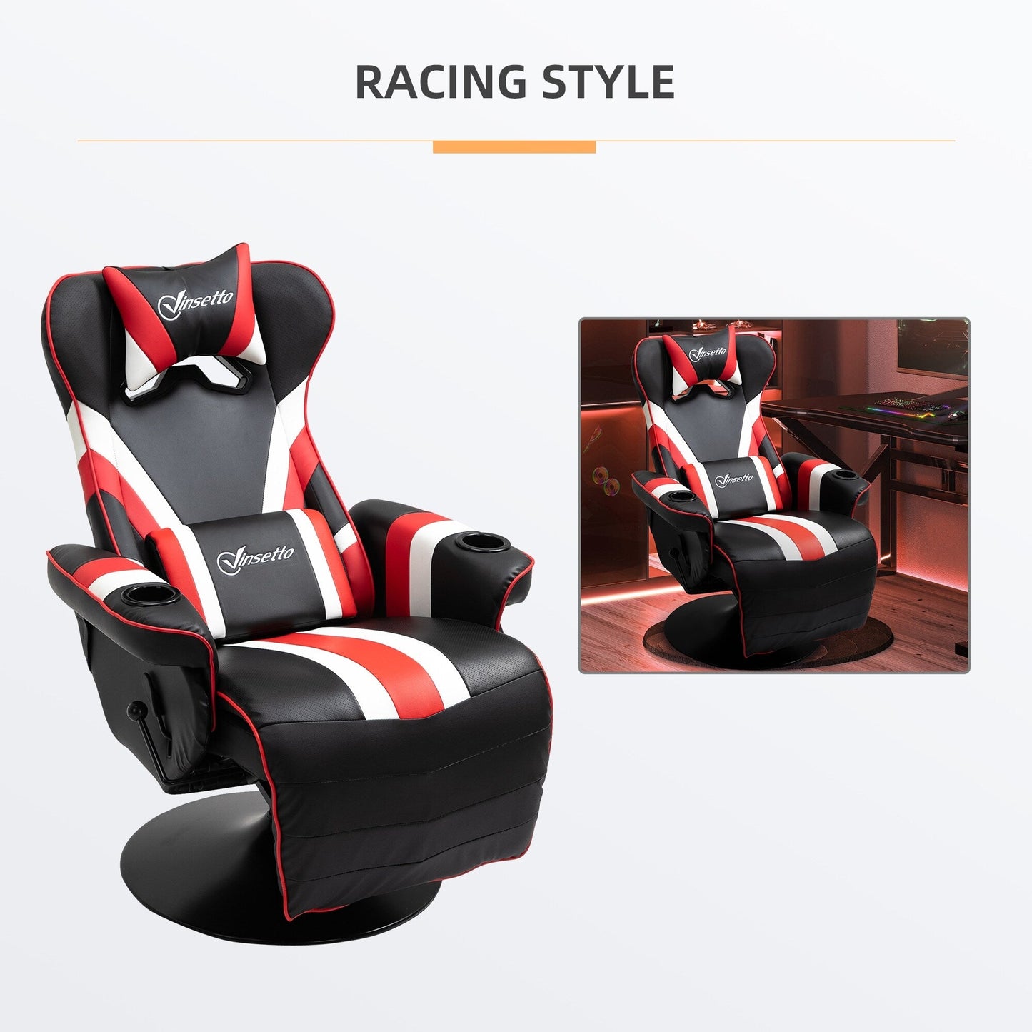 Poltrona reclinabile da gioco girevole a 360° in stile racing con supporto lombare, poggiapiedi e doppio portabicchieri per sala giochi