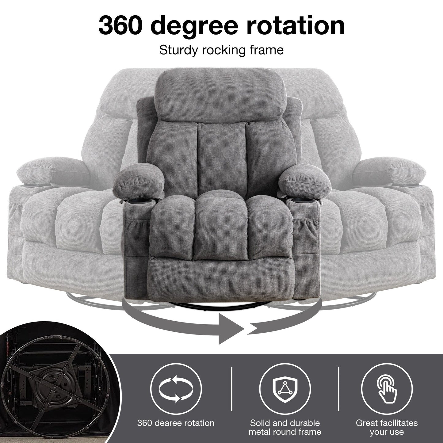 Poltrona reclinabile girevole a 360° con massaggio, riscaldamento, USB e portabicchieri