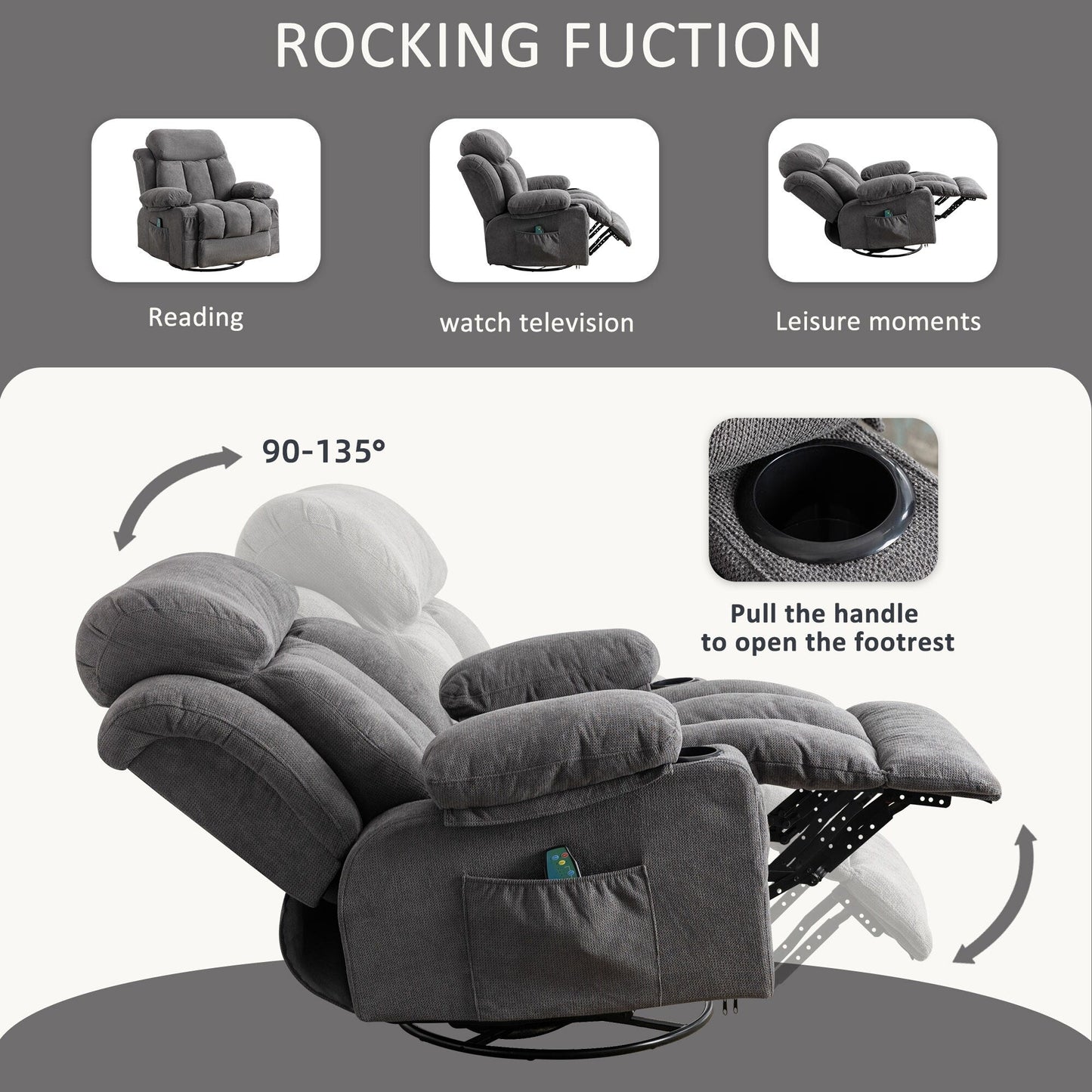 Poltrona reclinabile girevole a 360° con massaggio, riscaldamento, USB e portabicchieri
