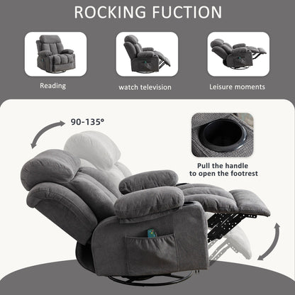 Poltrona reclinabile girevole a 360° con massaggio, riscaldamento, USB e portabicchieri