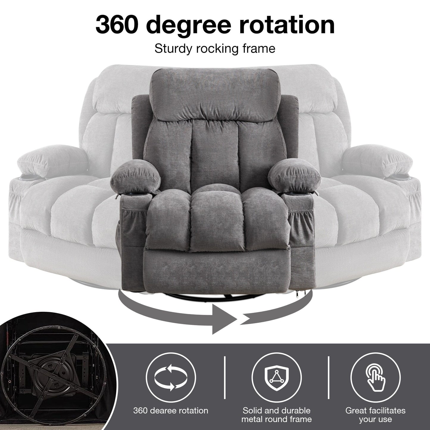 Poltrona reclinabile girevole a 360° con massaggio, riscaldamento, ricarica USB, doppio portabicchieri e ampie tasche laterali