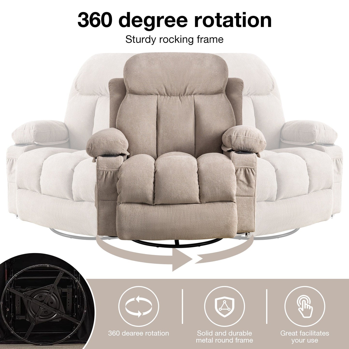 Poltrona reclinabile girevole a 360° con massaggio, riscaldamento, ricarica USB, doppio portabicchieri e ampie tasche laterali