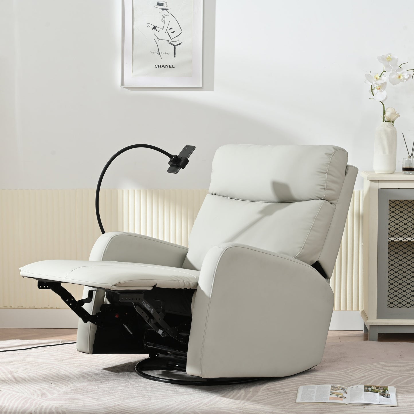Poltrona reclinabile girevole a 360° con poggiapiedi, supporto per telefono e posizioni regolabili per home theater e soggiorno
