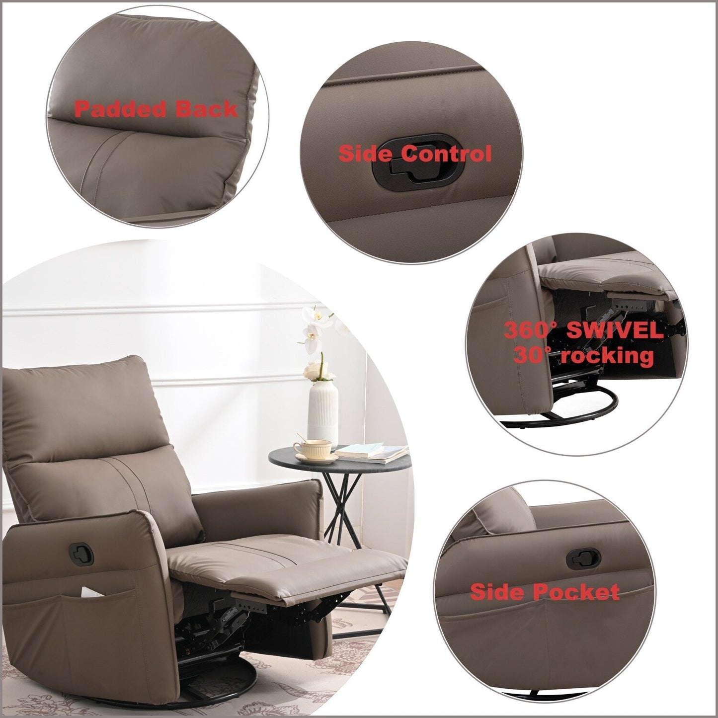 Poltrona reclinabile manuale girevole a 360° per soggiorno e camera da letto