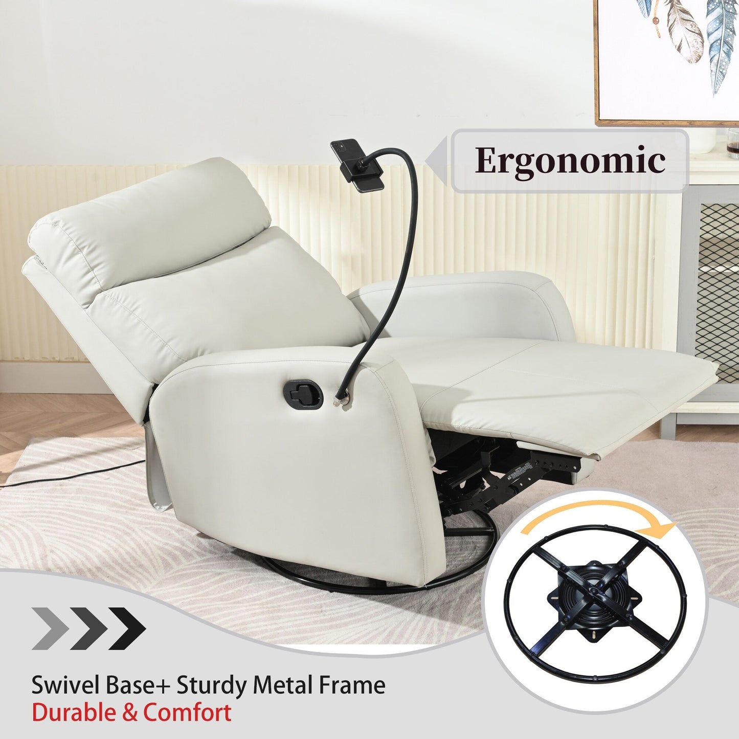 Poltrona reclinabile girevole a 360° con supporto per telefono, poggiapiedi, posizione regolabile per soggiorno e home theater