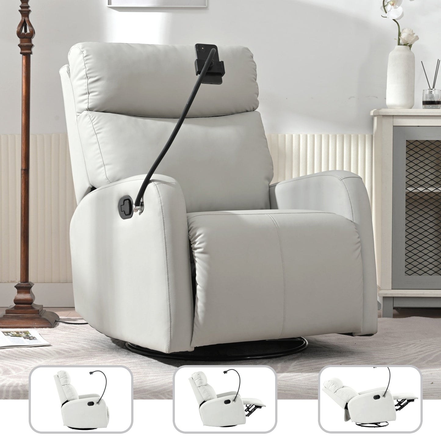 Poltrona reclinabile girevole a 360° con supporto per telefono, poggiapiedi, posizione regolabile per soggiorno e home theater