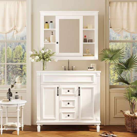 Mobile bagno moderno da 36'' con lavabo superiore e mobiletto a specchio, 2 ante e 2 cassetti