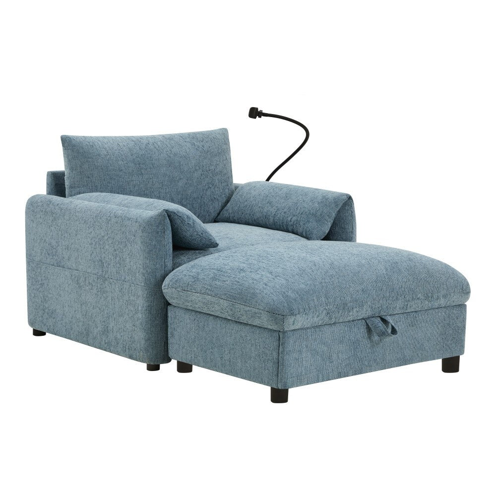 Divano singolo in ciniglia da 38 pollici con pouf contenitore, caricabatterie USB, tasche laterali portaoggetti, braccioli simili a cuscini