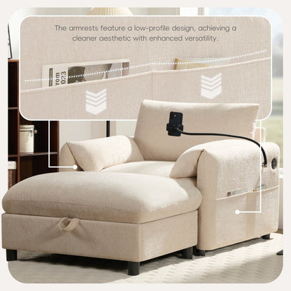 Divano singolo in ciniglia da 38 pollici con pouf contenitore, caricabatterie USB, tasche laterali portaoggetti, braccioli simili a cuscini