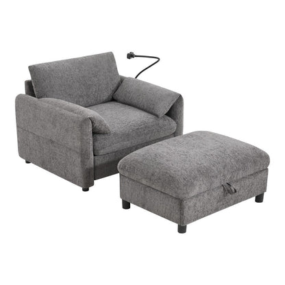 Divano singolo in ciniglia da 38 pollici con pouf contenitore, caricabatterie USB, tasche laterali portaoggetti, braccioli simili a cuscini
