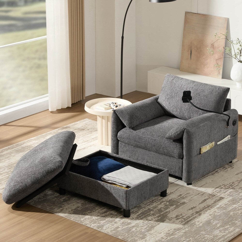 Divano singolo in ciniglia da 38 pollici con pouf contenitore, caricabatterie USB, tasche laterali portaoggetti, braccioli simili a cuscini