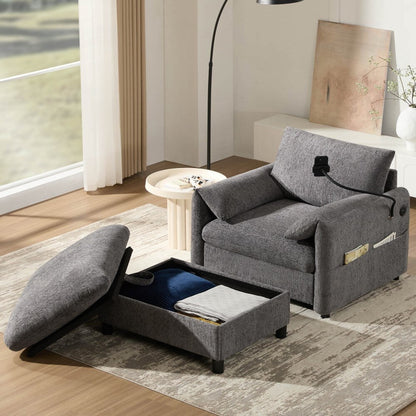 Divano singolo in ciniglia da 38 pollici con pouf contenitore, caricabatterie USB, tasche laterali portaoggetti, braccioli simili a cuscini