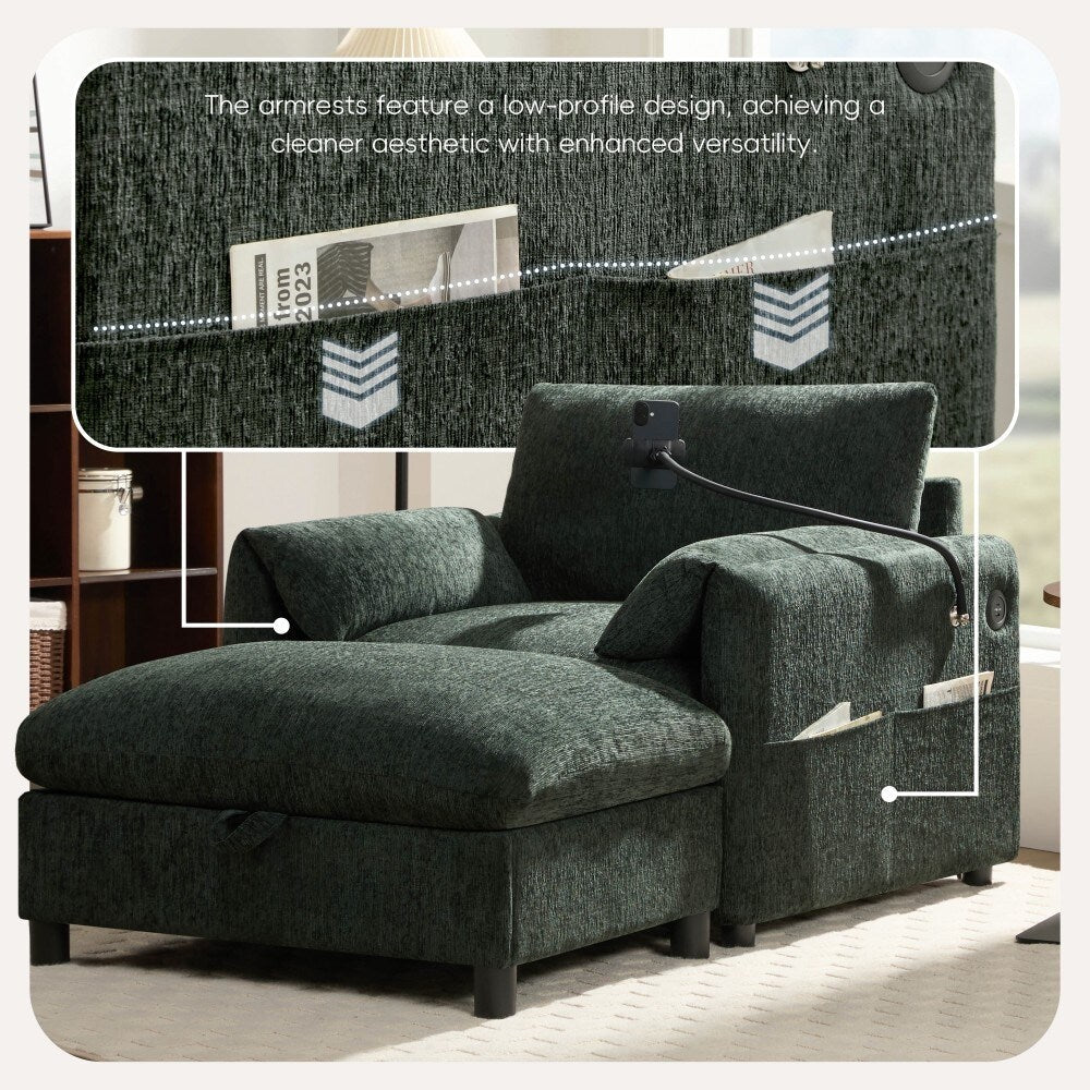 Divano singolo in ciniglia da 38 pollici con pouf contenitore, caricabatterie USB, tasche laterali portaoggetti, braccioli simili a cuscini