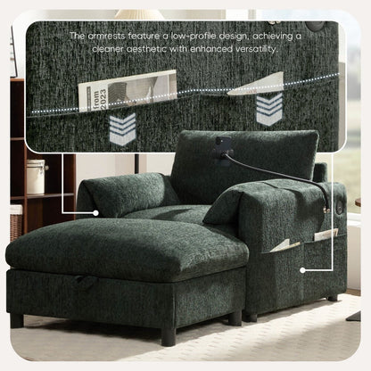 Divano singolo in ciniglia da 38 pollici con pouf contenitore, caricabatterie USB, tasche laterali portaoggetti, braccioli simili a cuscini